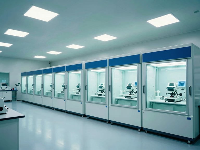 Wide architectural shot of a futuristic biotechnology laboratory with illuminated isolation chambers, crisp high-key lighting, teal cinematic highlights.