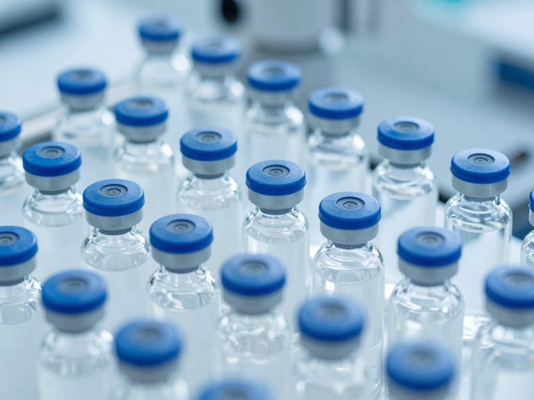 Macro photography of sealed Human Albumin bottles on a robotic inspection line, cool bright lighting, 35mm