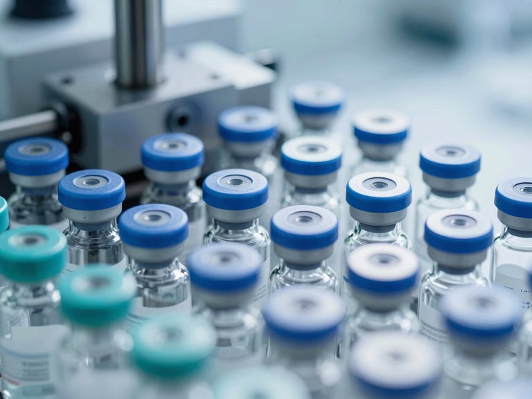 Macro shot of sterile glass vials on an automated production line, cool crisp lighting, corporate biotechnology aesthetic.