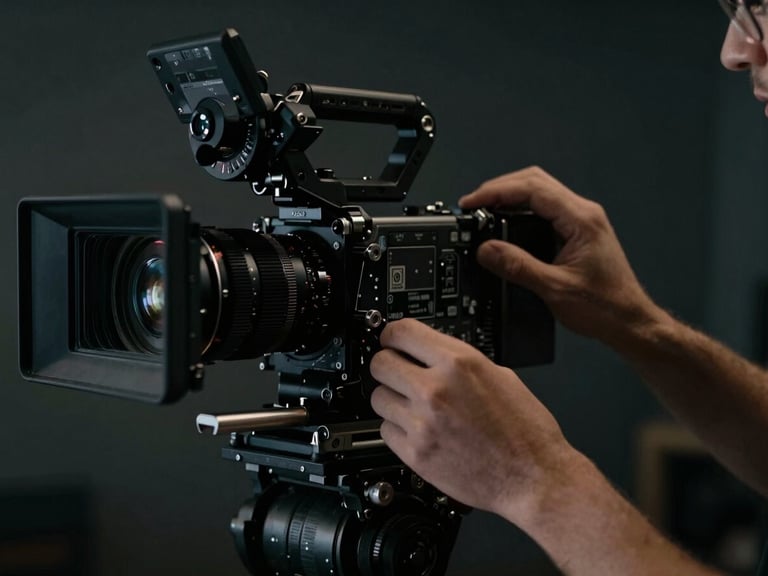 Extreme close-up of a director of photography adjusting the follow-focus on a cinema camera rig, low-key tactical lighting, dark moody background