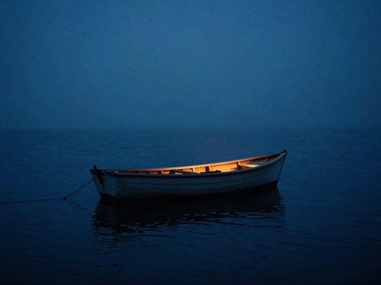 Anamorphic wide shot of a small wooden boat on a dark, misty northern sea at dawn, cold blue tones with a single warm amber light