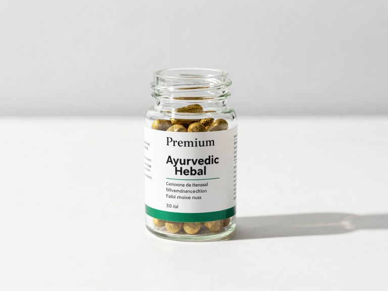 Premium minimalist glass jar of Ayurvedic herbal supplements on a clean white surface with soft gold shadow, clinical styling.