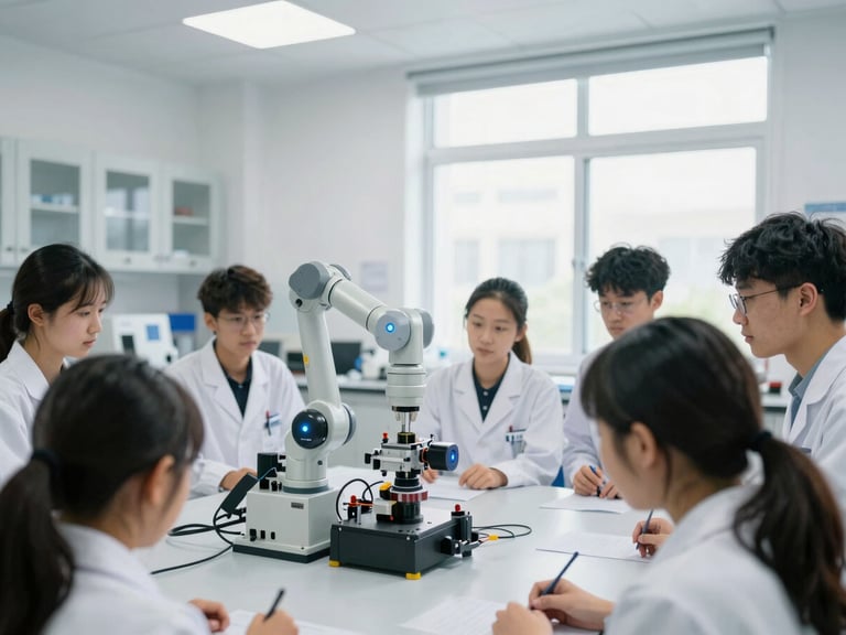 Wide shot of a clean, modern lab with a small robotic arm and sensors, glowing blue lights, bright natural daylight, focus on the interconnectedness.