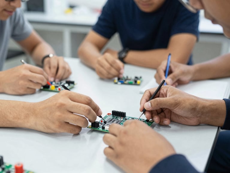 Close-up of diverse hands collaborating on a microcontroller board in a workshop, bright lab lighting, focused learning, 35mm.