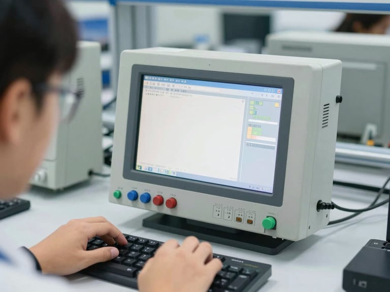 Close-up of hands programming a PLC interface in a clean, brightly lit lab, focus on the screen and keyboard, natural daylight.