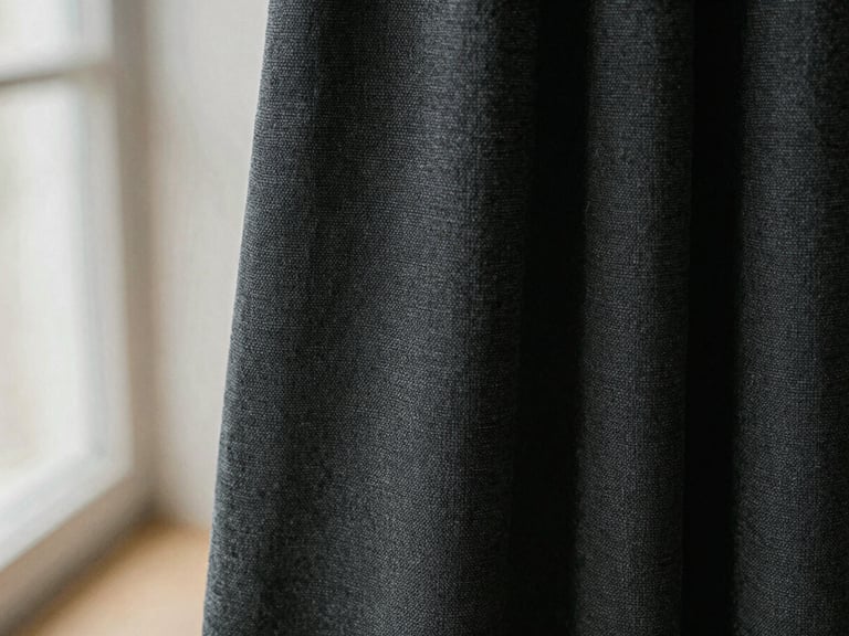 Extreme close-up macro shot of dark charcoal Japanese cotton twill fabric, highlighting the dense texture and clean structural hem, soft natural light