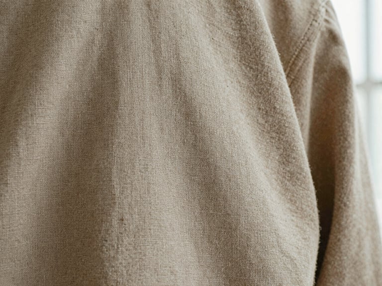 Extreme close-up macro shot of heavyweight sand-colored linen fabric texture, showing the detailed weave and precise stitching, soft natural light