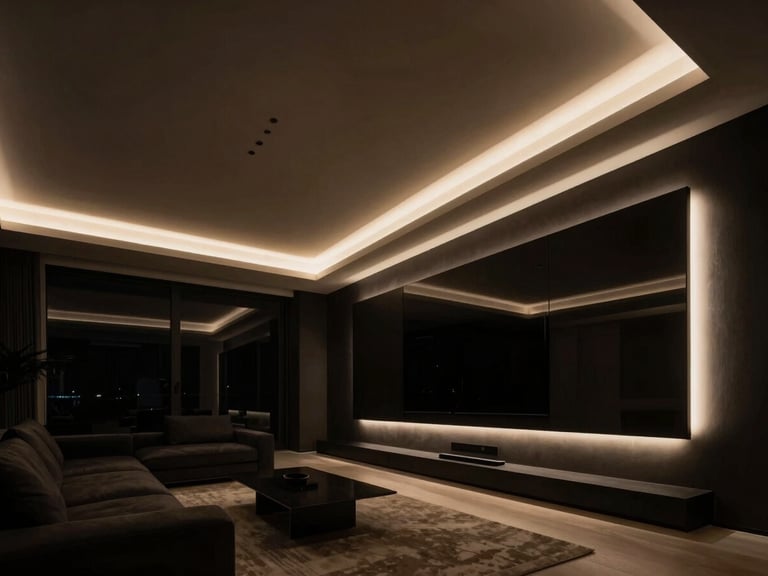 Dramatic architectural photography of a modern luxury living room at night, seamless warm LED strips glowing in ceiling niches, dark minimalist walls, high contrast.