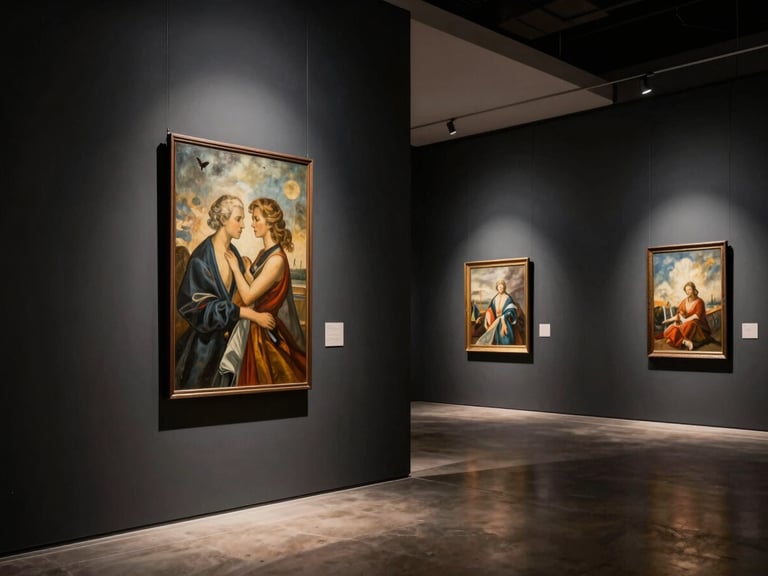 Dramatic architectural photography of an art gallery interior, high-contrast spotlighting illuminating paintings on dark graphite walls, sharp details.