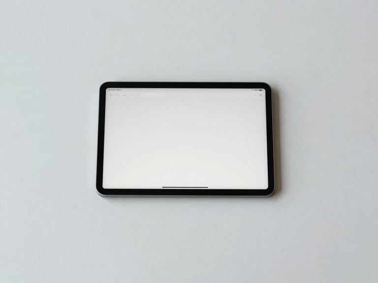Overhead shot of a minimalist desk with a tablet displaying a clean interface, soft natural light, structured layout, 35mm