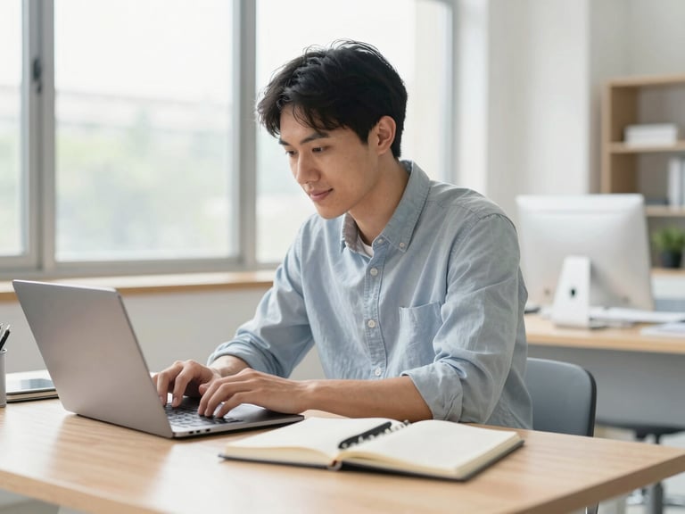 A young professional working at a bright modern desk with a laptop and notebook, warm natural light