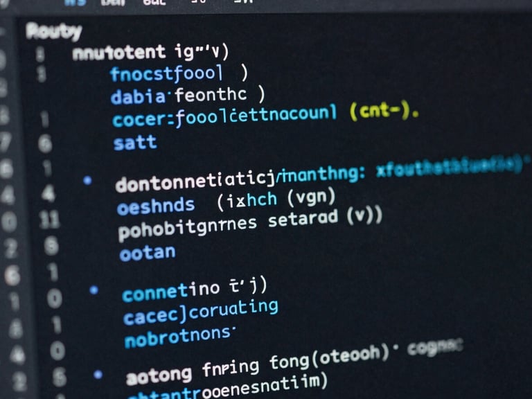 Macro crop of a clean IDE interface displaying a technical routing configuration with electric-indigo syntax highlighting, dark terminal aesthetic.