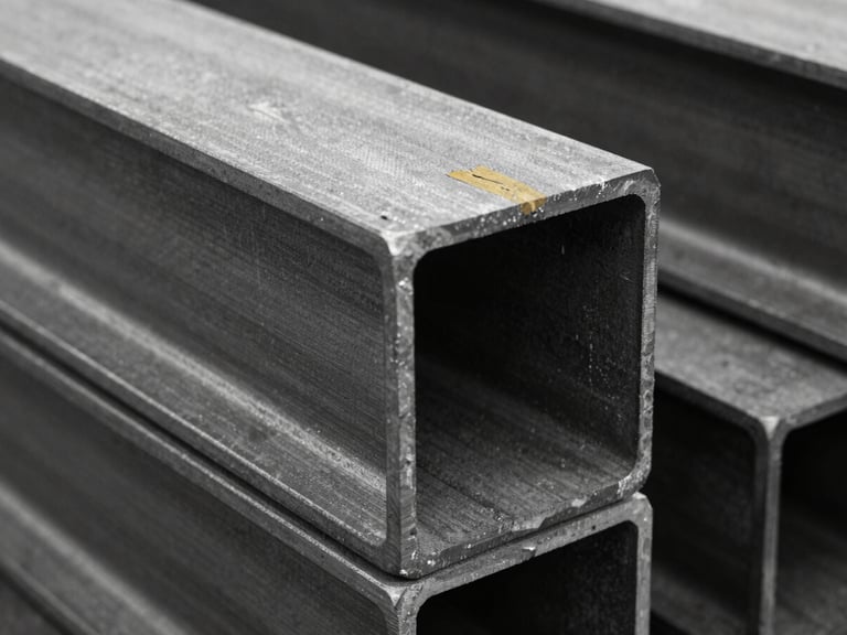 Extreme close-up of raw, mill-finish structural steel beam with harsh side lighting, showing texture and industrial character, black and white with mustard accents, 35mm.