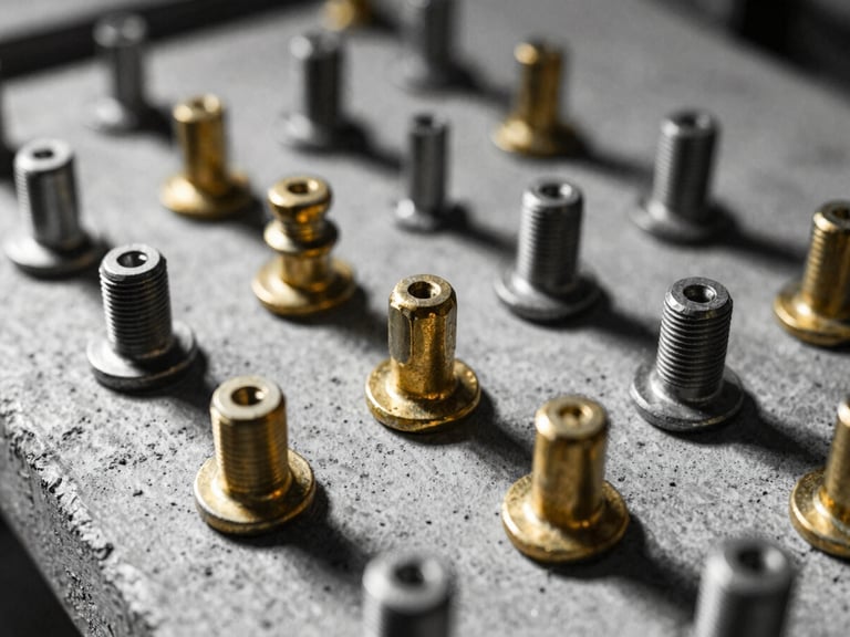 Close-up of heavy-duty brass fasteners on a raw concrete surface, dramatic shadows, black and white with mustard accents, 35mm.