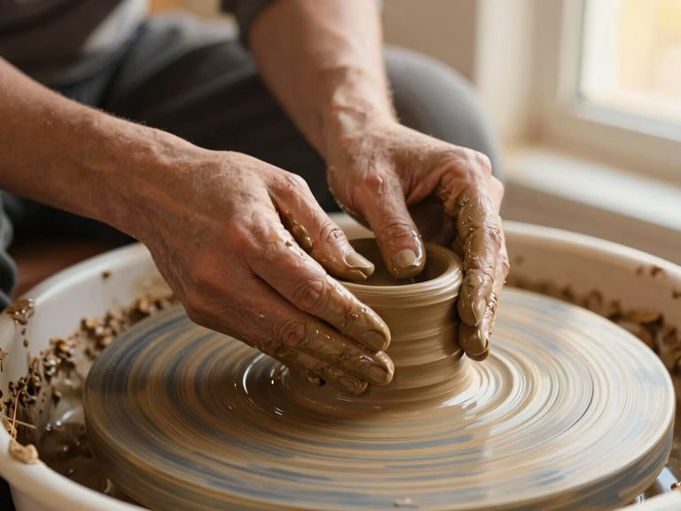 Close-up of a potter's hands shaping wet clay on a spinning wheel, dynamic motion, warm studio light, earthy tones.