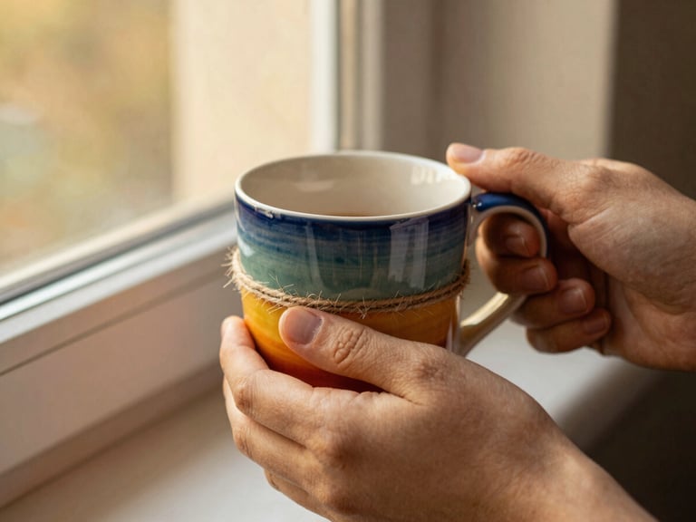 Hands carefully wrapping a colourful ceramic mug in recycled paper and twine, warm window light, close-up, shallow depth of field.