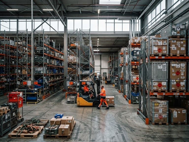 Industrial documentary photography of a high-contrast warehouse environment with desaturated steel shelves and organized shipping containers, cool overcast daylight, sharp 50mm lens