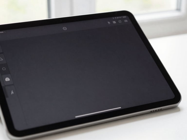 Macro shot of a modern dark-mode application interface on a tablet, soft natural window light, clean workspace background, sharp focus, 50mm lens