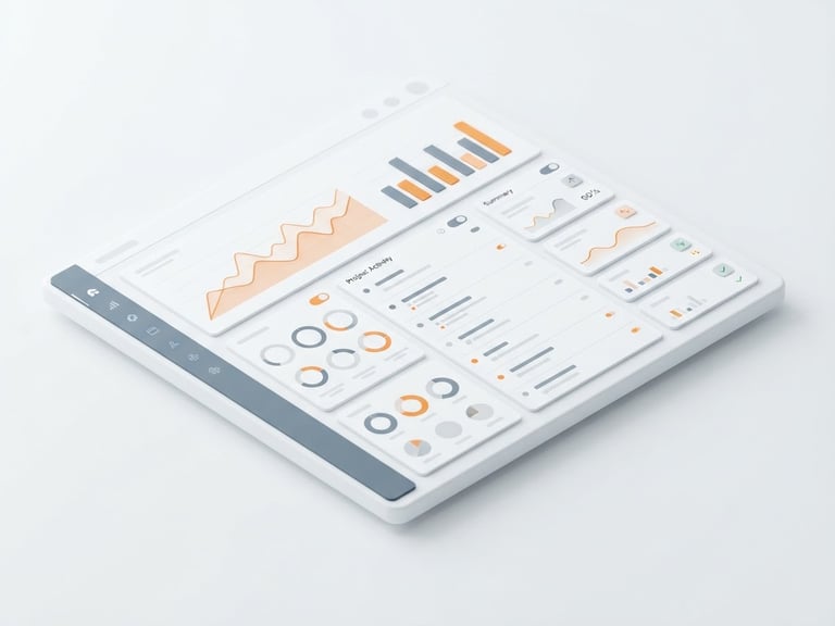 Isometric high-fidelity UI mockup of a clean SaaS dashboard, bright high-key studio lighting, minimalist white and slate tones with subtle orange accents, sharp focus, 50mm lens