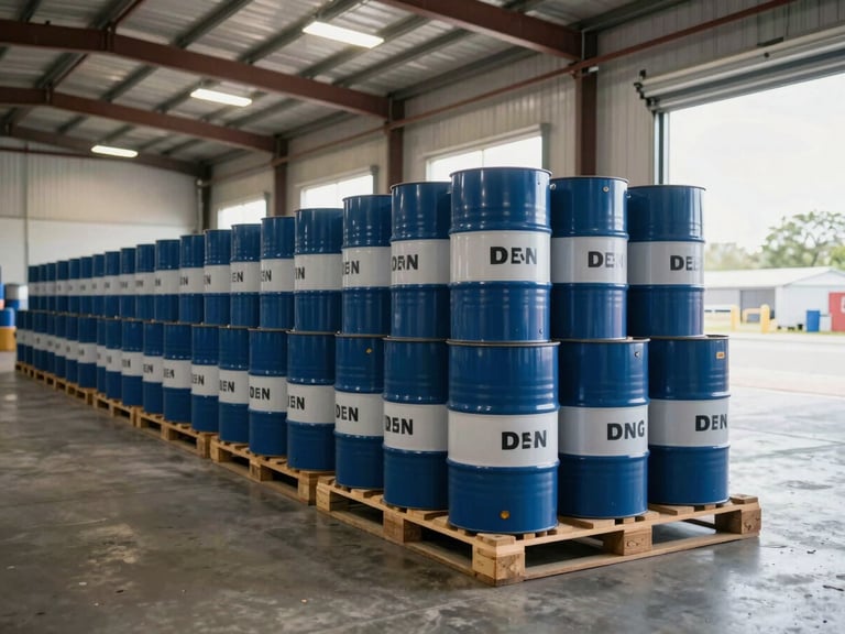 Warehouse interior showing rows of labelled chemical drums stacked on pallets under high bay lighting, natural daylight entering from loading dock doors to the right, clean concrete floor, depth of field showing multiple rows receding into the background