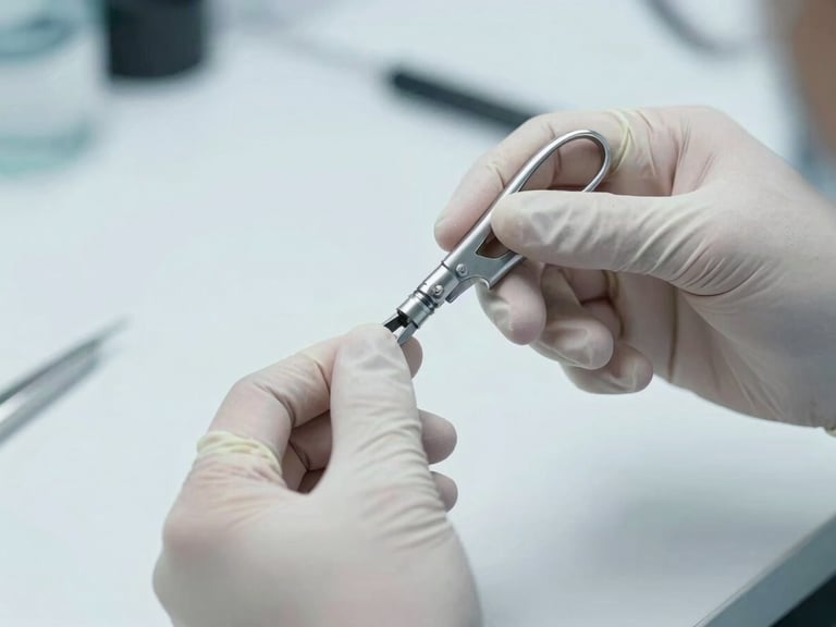 Skilled technician's hands in sterile gloves performing a detailed inspection and calibration of a hemostatic forceps, under bright, cool task lighting.