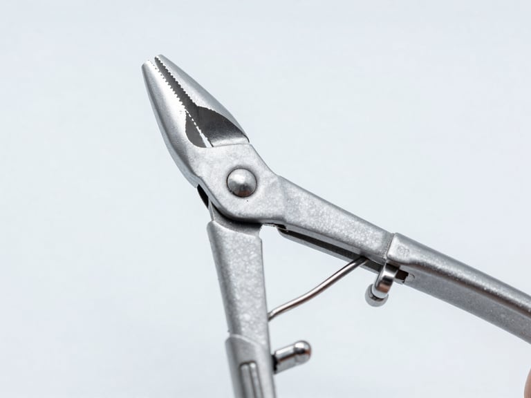 Close-up of an orthopedic bone rongeur, highlighting its robust construction and sharp cutting edges, cool studio lighting, sterile white background.