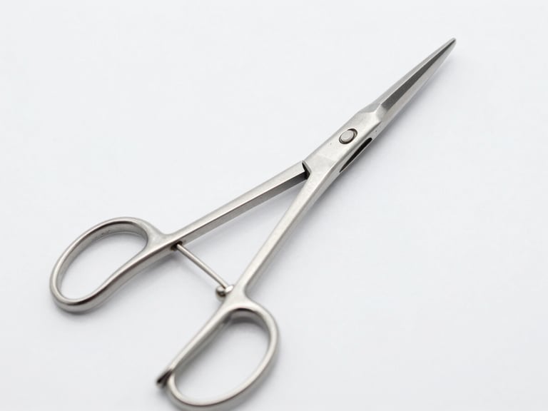 Detail of a laparoscopic grasper, showing the intricate articulation and slender shaft, cool studio lighting, sterile white background.