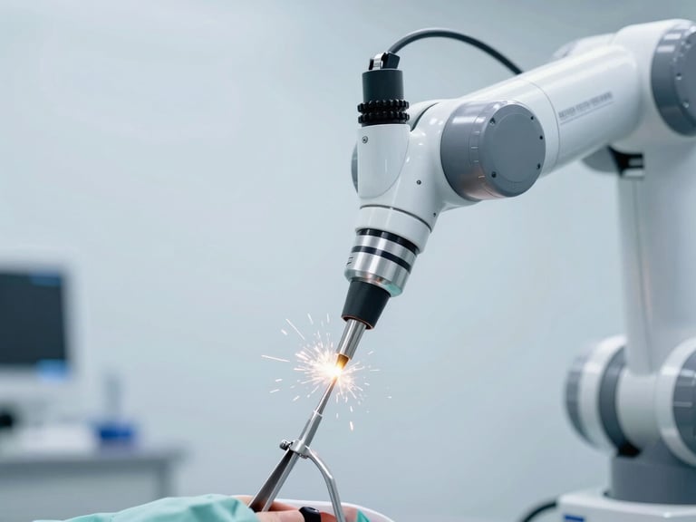 Close-up of a robotic arm precisely polishing a surgical instrument, sparks contained, in a clean, sterile manufacturing environment, cool industrial lighting.