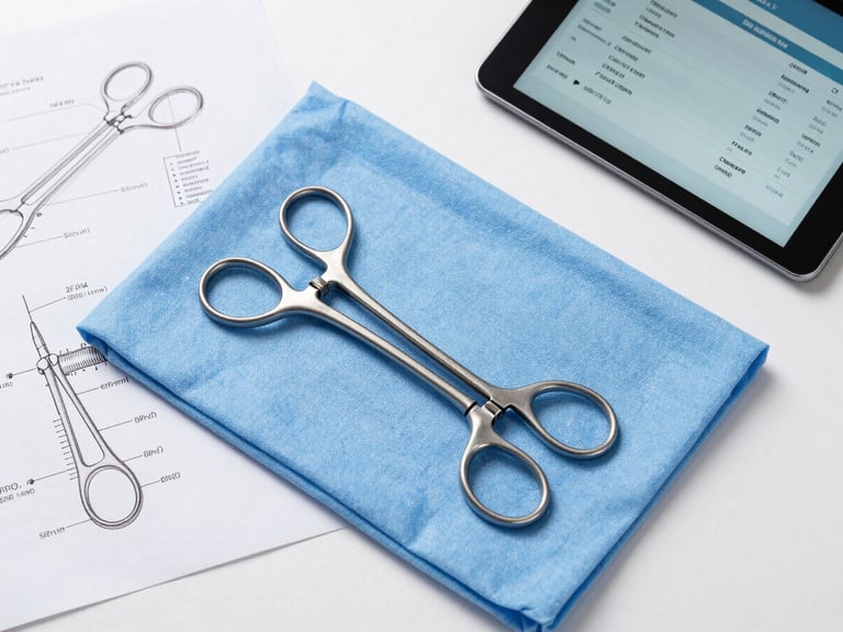 Top-down flat lay of a surgical instrument set on a sterile blue cloth, surrounded by technical drawings and a digital tablet displaying supply chain metrics, cool studio lighting.