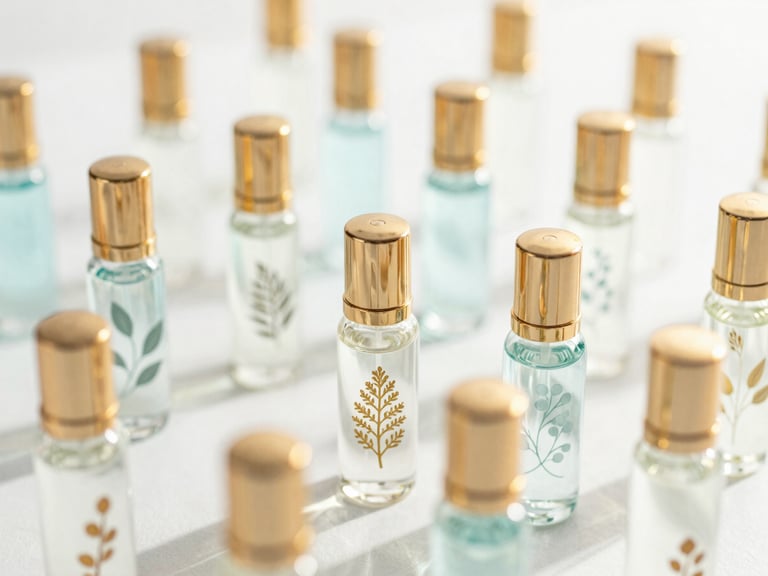 Delicate glass perfume vials with gold caps and botanical elements on a bright white surface, sun-drenched, high-key lighting, shallow depth of field.