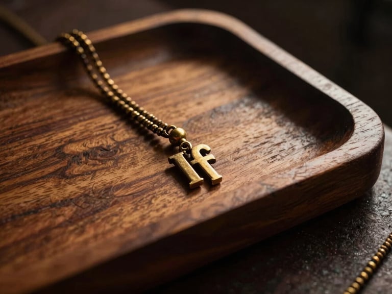 Dramatic close-up of a hand-carved wooden tray with an Opele Ifá chain resting on its edge, warm side-lighting casting deep shadows over the wood grain, 35mm photography.