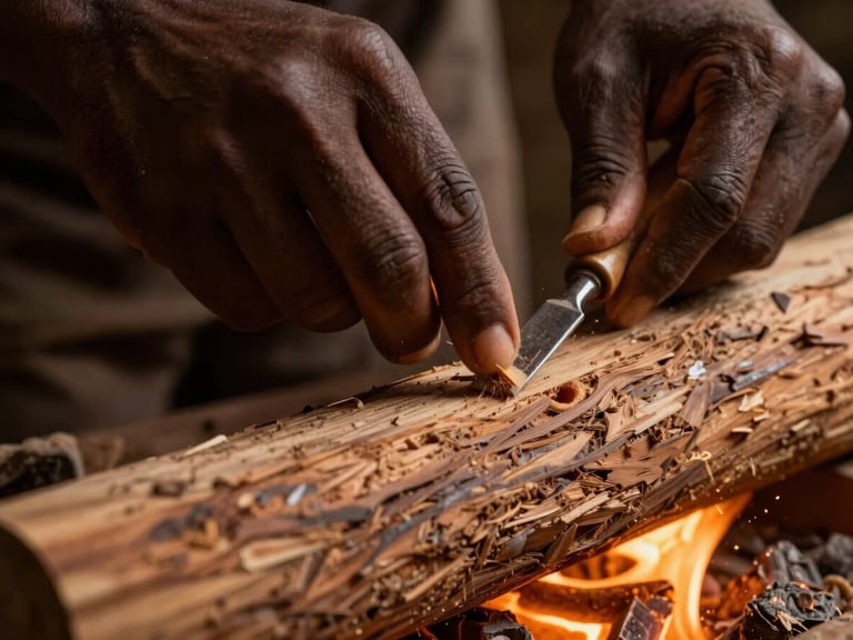 Hands of an African master carver working on raw wood, chisel shaving mahogany, dramatic low-key lighting, warm embers glow, macro lens