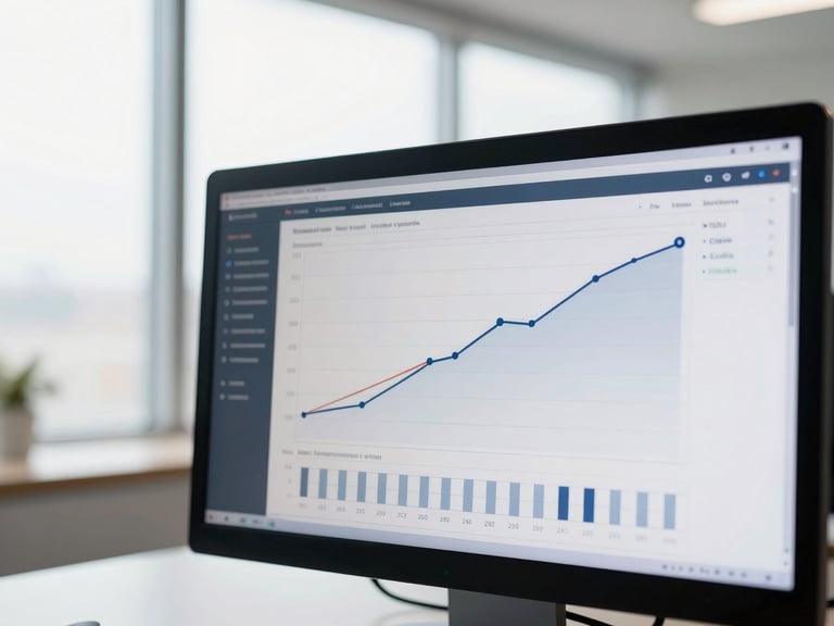 Close-up of a technical data dashboard on a monitor, showing positive conversion rate curves, bright natural office window light, shallow depth of field.
