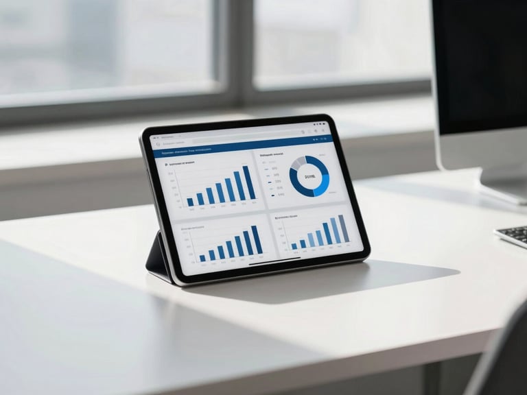 A clean corporate desk setup with a tablet displaying analytics data, bright daylight casting soft shadows, professional atmosphere.