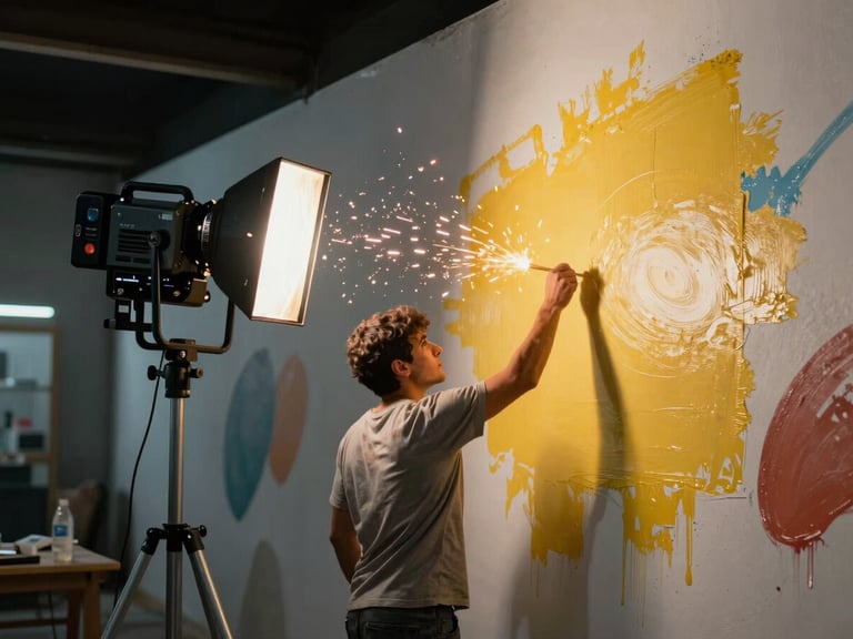 Primer plano cinematográfico de un artista pintando un mural masivo bajo la luz de un reflector industrial, chispas de pintura flotando en el aire.