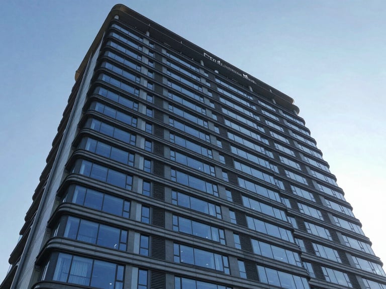 Wide-angle architectural photograph of a newly completed commercial high-rise facade, crisp daylight, cool blue and slate tones, high clarity, 35mm.