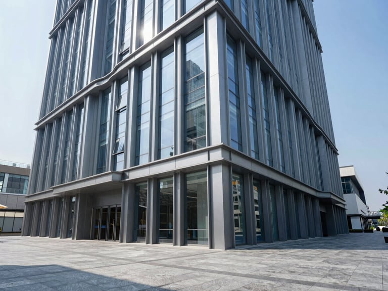 Wide architectural angle of a modern commercial lobby with structural steel frames and high-end finishes, crisp daylight, cool slate tones, 35mm.