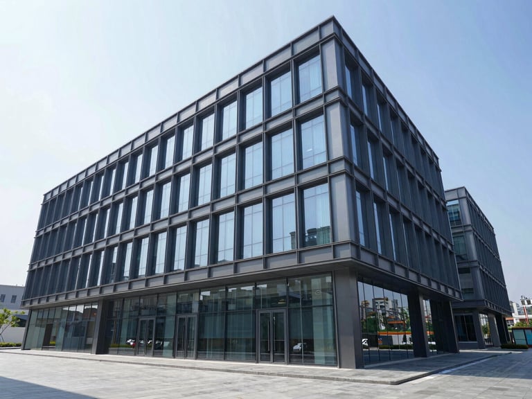Wide-angle architectural photograph of a modern commercial office building with clean steel frames and glass facade, crisp daylight, cool blue slate tones.