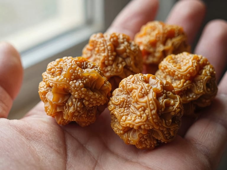 Close-up of a genuine five-mukhi Rudraksha bead held in hand, showing deep natural grooves, soft morning light, rich texture, 35mm