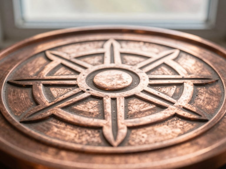 Macro shot of a heavy-gauge copper Sri Yantra, showing precise geometric etching, soft morning window light, warm saffron glow, 35mm