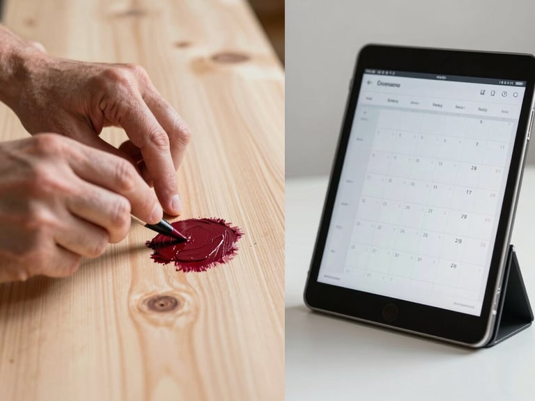 A split-screen composition: on the left, a close-up of hands matching a deep crimson paint swatch to raw pine timber; on the right, an iPad displaying a social media content calendar grid, soft studio light.