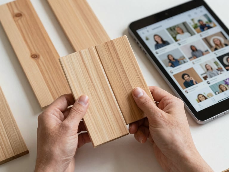 A split composition showing hands matching raw pine wood swatches next to an iPad displaying a social media grid layout, soft natural light