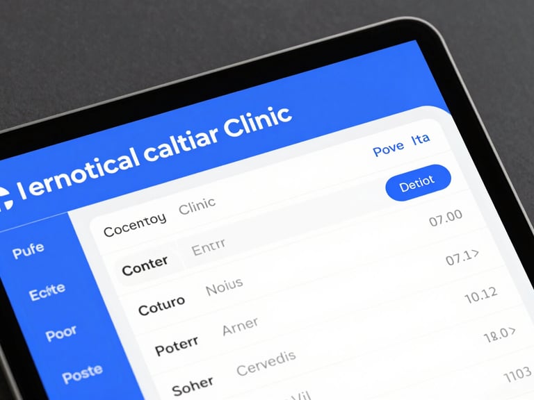 Sleek close-up mockup of a local medical clinic booking dashboard on a tablet, vibrant blue accents, clean glassmorphism