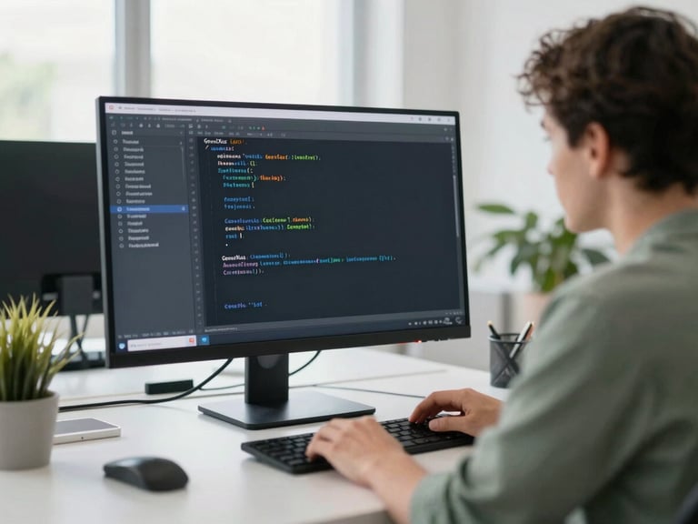 Clean modern workspace, developer collaborating over a screen showing GeneXus code, bright natural office light, slate and green tones.