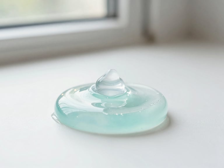 Macro shot of clean, translucent skincare gel on a pristine white surface, soft natural daylight, shallow depth of field, 35mm