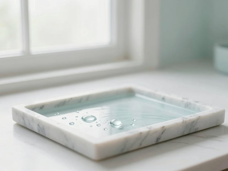Soft warm light reflecting off clean water droplets on a marble tray, minimalist spa setting, serene and airy, 35mm