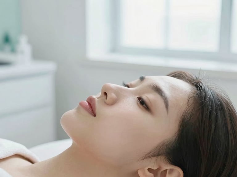Close-up of a serene face with soft natural window light, pristine white treatment room, elegant clinical setting, 35mm