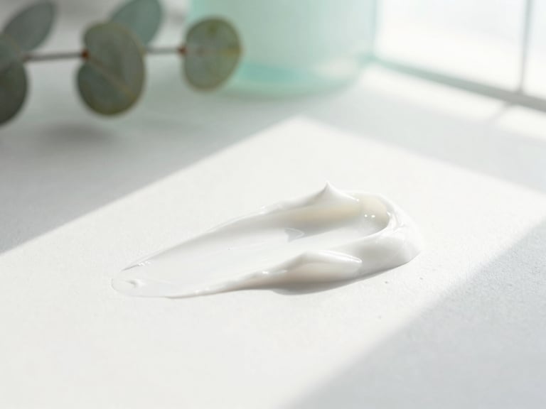 Macro shot of white skincare cream texture with soft shadows, sunlit, minimalist botanical detail in the background, 35mm