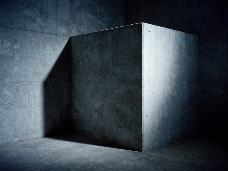 A high-contrast 16mm film still showing a desolate concrete reverb chamber, harsh shadows, cold blue lighting, visible film grain