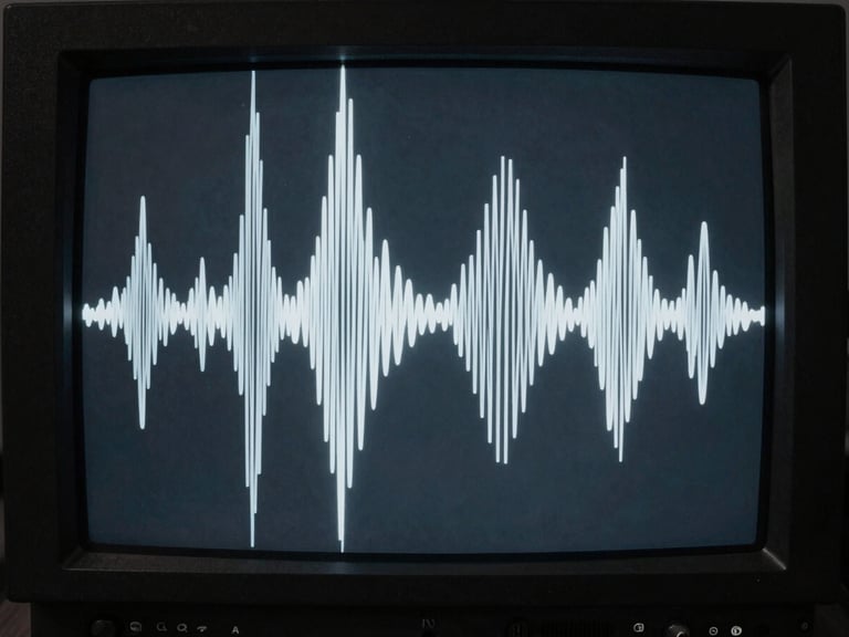 High-contrast monochrome video still of abstract geometric waveforms on a cathode-ray tube monitor, cold blue tint, dark background.